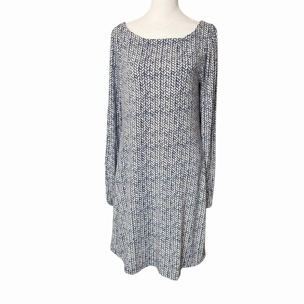 Tart Womens Medium Shift Dress Blue White Print Boatneck Long Sleeve Stretch
